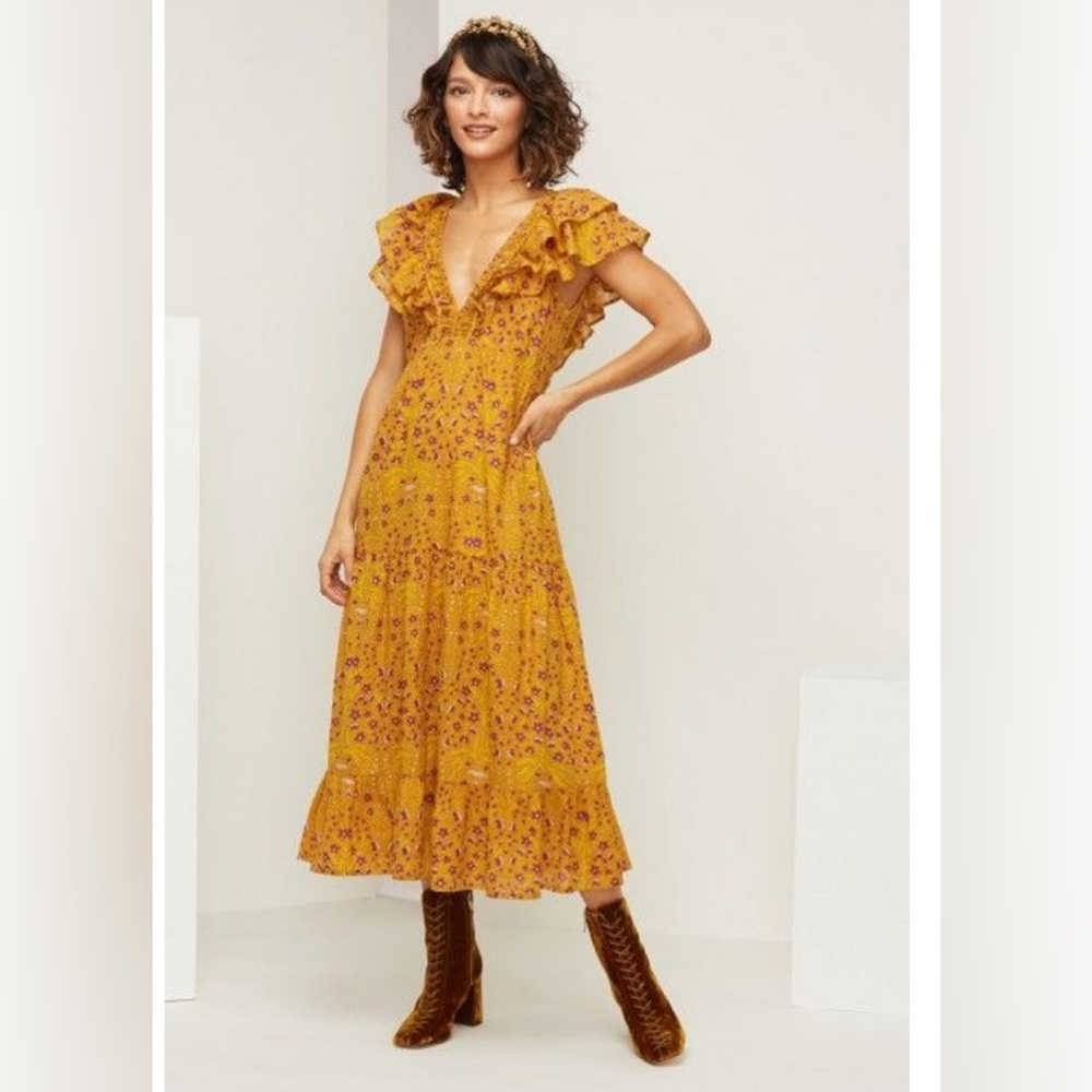 Roller Rabbit Rhone Ondine Dress Floral Yellow Midi Dress Size L
